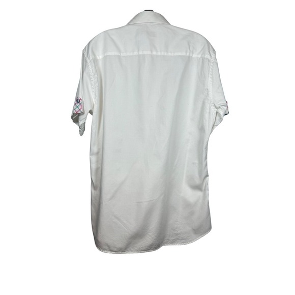 Jared Lang Men's Short Sleeve, Fitted, Pink Plaid Accent Cuff Sleeves, Size L - Picture 2 of 9